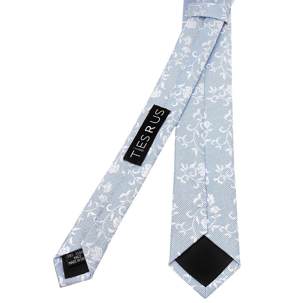 Sky Blue And White Floral Skinny Mens Tie 3