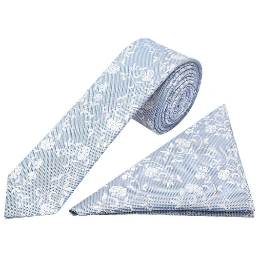 Sky Blue Floral Skinny Mens Tie And Pocket Square Set 1