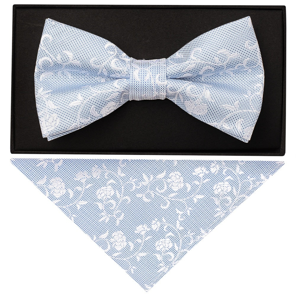Sky Blue And White Floral Handmade Mens Bow Tie And Pocket Square Set 1