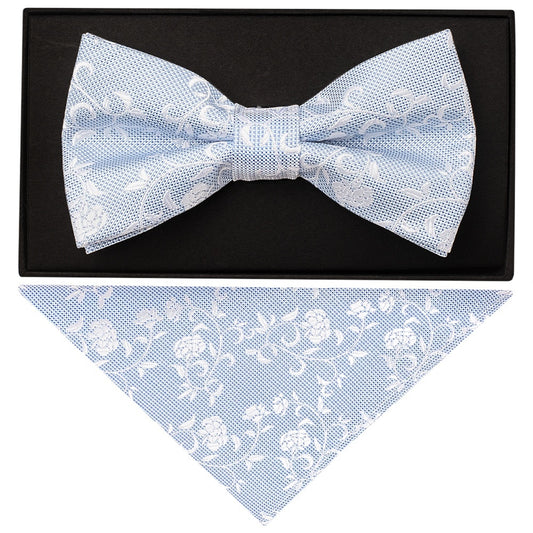 Sky Blue And White Floral Handmade Mens Bow Tie And Pocket Square Set 1