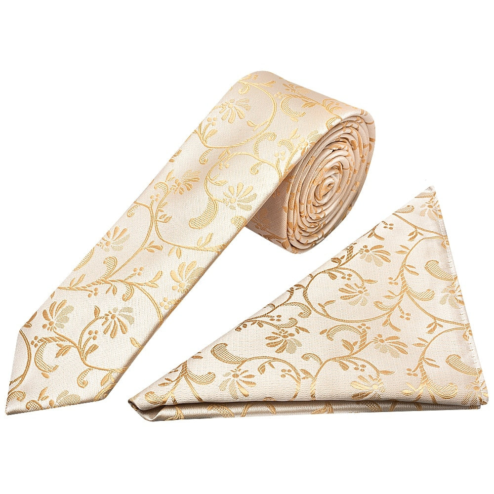 Caramel Floral Skinny Boys Tie And Pocket Square Set 1