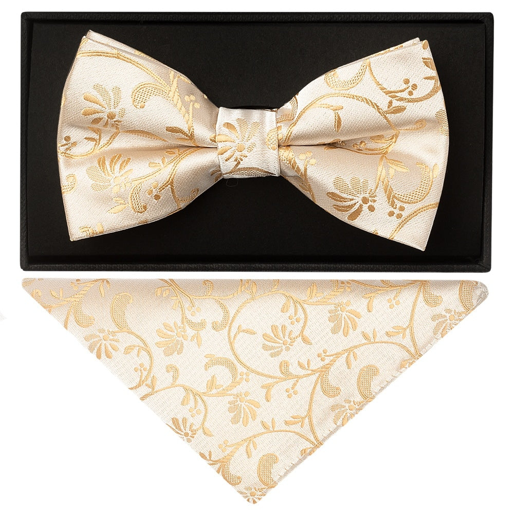 Caramel Floral Handmade Mens Bow Tie And Pocket Square Set 1