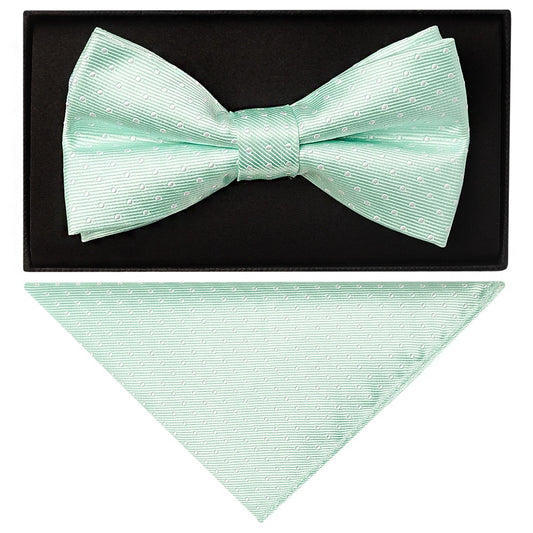Mint Polka Dot Mens Bow Tie And Pocket Square Set 1