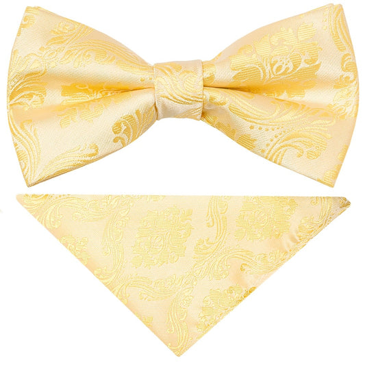 Pre Tied Gold Paisley Boys Bow Tie And Pocket Square Set 1