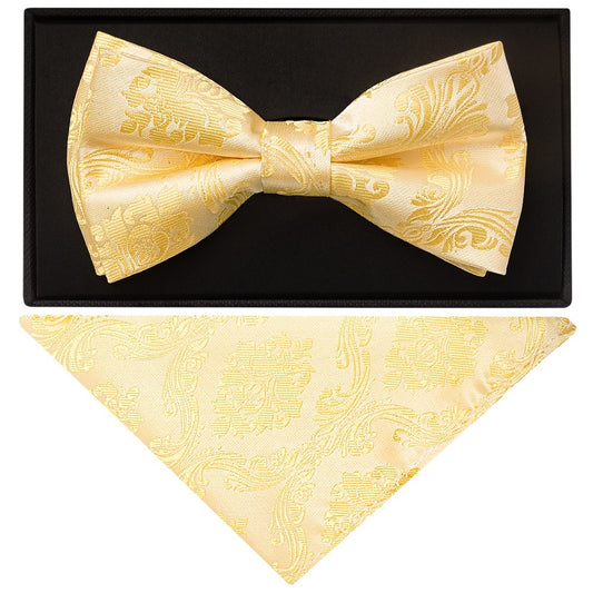 Gold Paisley Handmade Mens Bow Tie And Pocket Square Set 1
