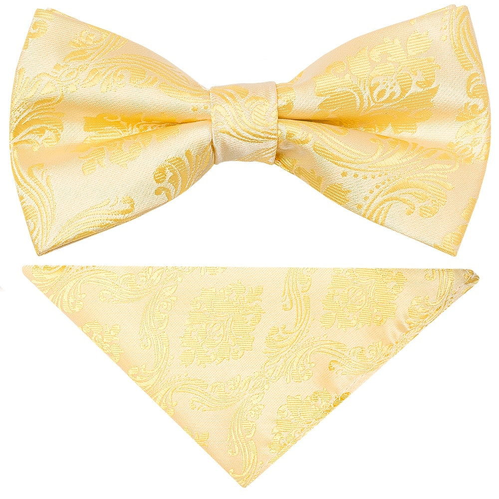 Pre Tied Gold Paisley Boys Bow Tie And Pocket Square Set Age 4 7 1