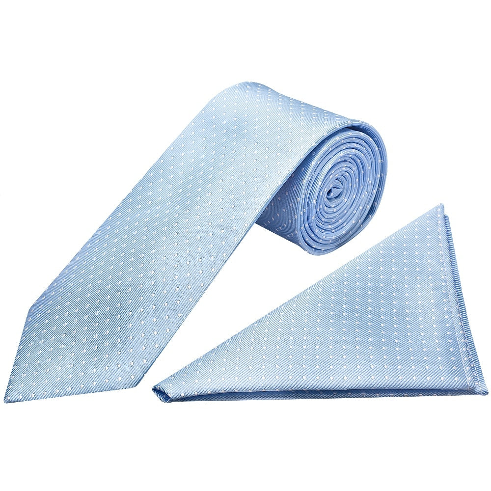 Light Blue And White Polka Dot Classic Mens Tie Pocket Square Set 1