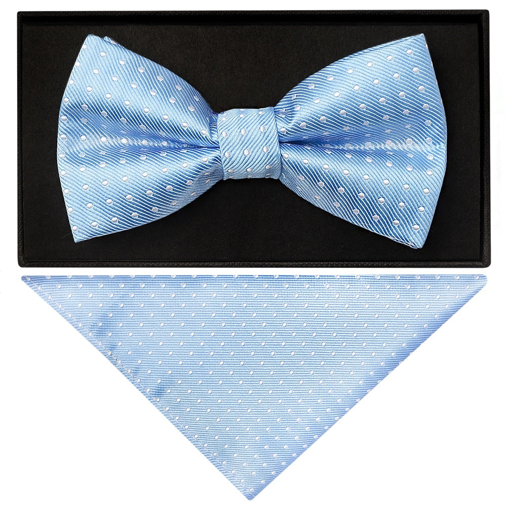 Handmade Light Blue And White Polka Dot Mens Bow Tie And Pocket Square Set 1
