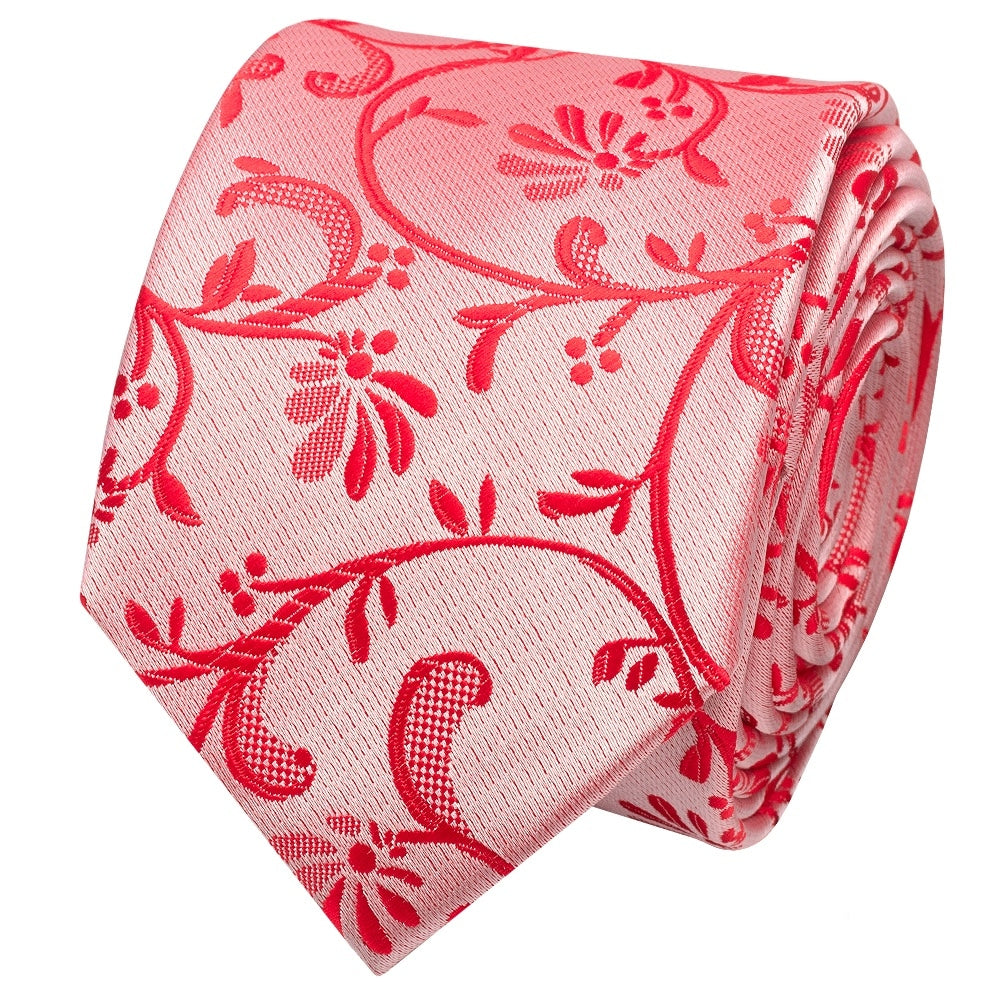 Bright Red Floral Skinny Mens Tie 2