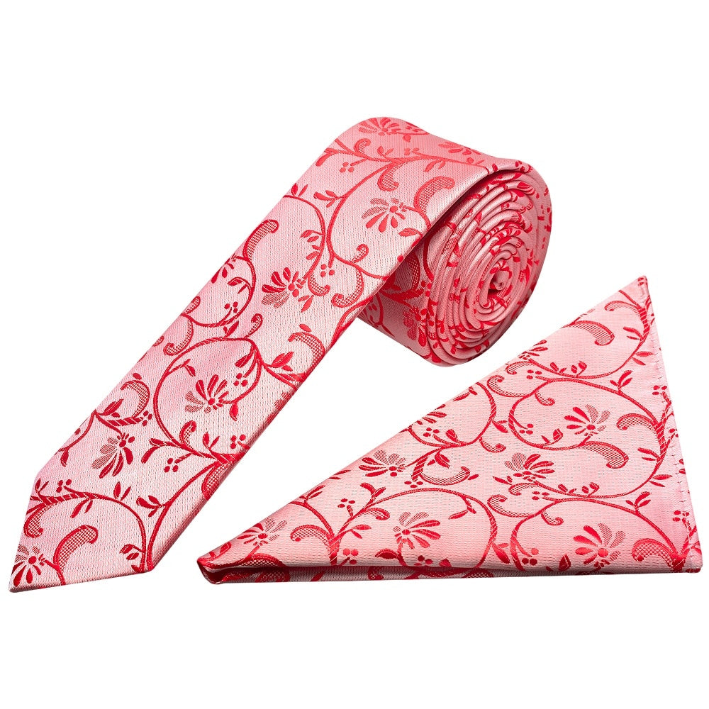 Bright Red Floral Skinny Mens Tie And Pocket Square Set 1