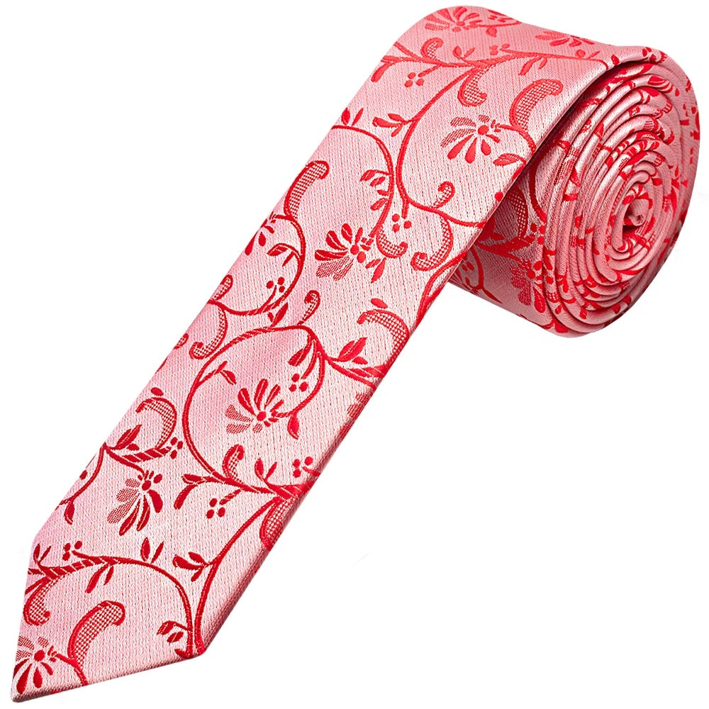 Bright Red Floral Skinny Mens Tie And Pocket Square Set 2