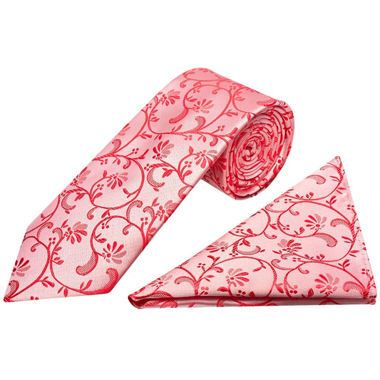 Bright Red Floral Classic Mens Tie And Pocket Square Set 1