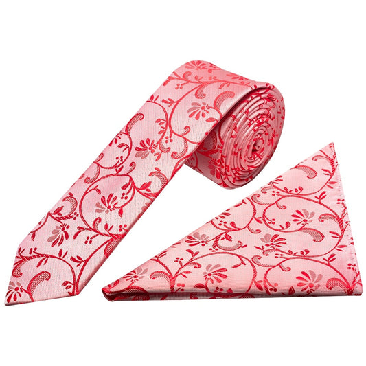 Bright Red Floral Skinny Boys Tie And Pocket Square Set 1