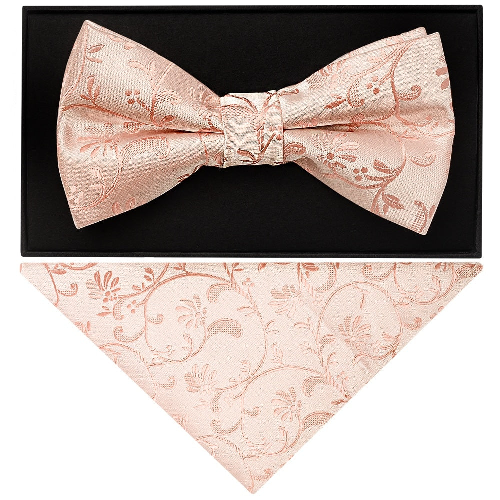Rose Quartz Floral Handmade Mens Bow Tie And Pocket Square Set 1