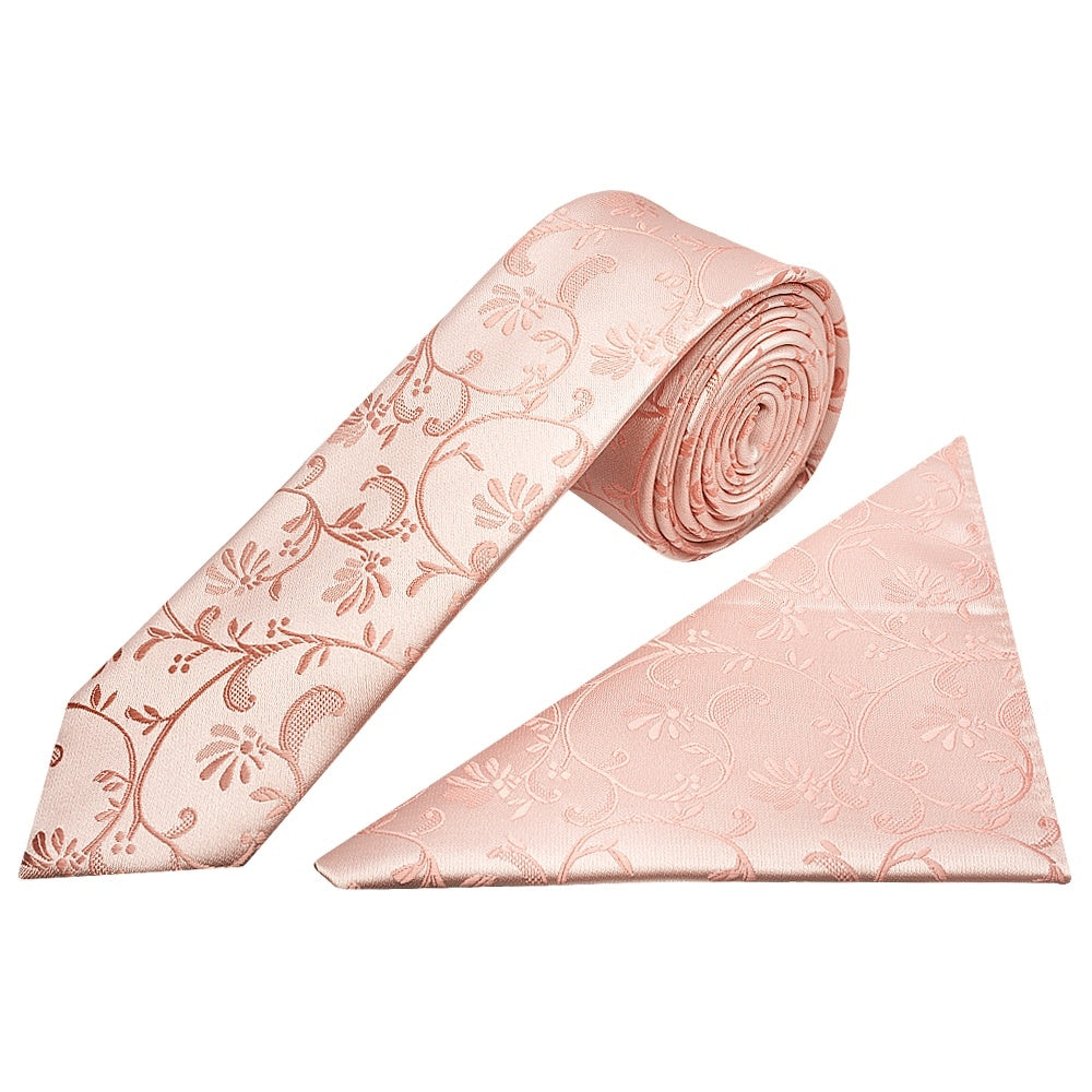 Rose Quartz Floral Skinny Boys Tie And Pocket Square Set 1