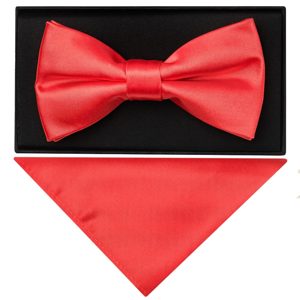Plain Coral Pink Hand Made Mens Bow Tie And Pocket Square Set 1