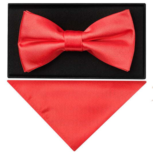 Plain Coral Pink Hand Made Mens Bow Tie And Pocket Square Set 1