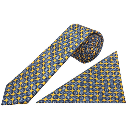 Barkley London Yellow With Blue Geo Silk Skinny Mens Tie And Pocket Square Set 1