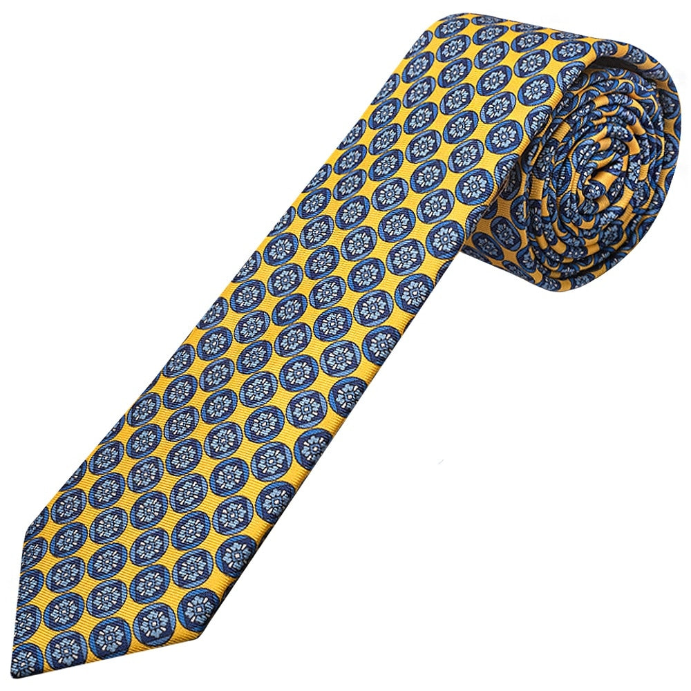 Barkley London Yellow With Blue Geo Silk Skinny Mens Tie And Pocket Square Set 2