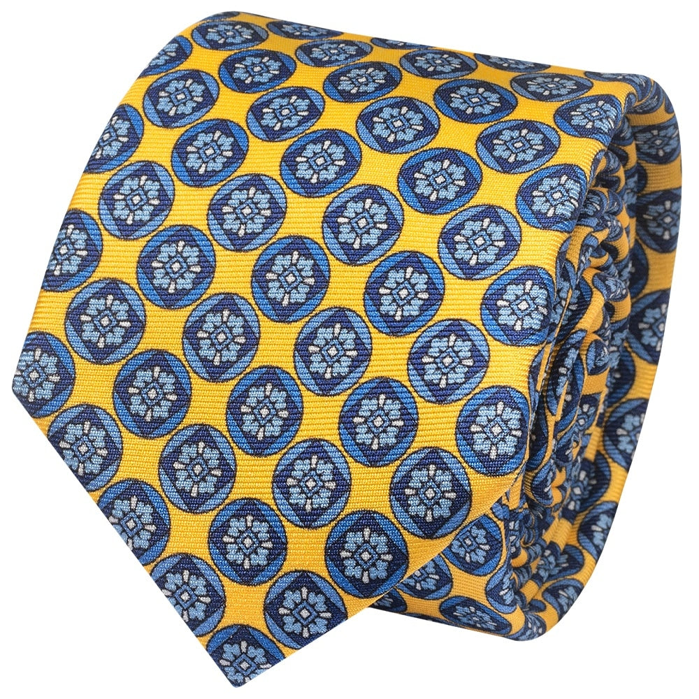 Barkley London Yellow With Blue Geo Silk Skinny Mens Tie And Pocket Square Set 3