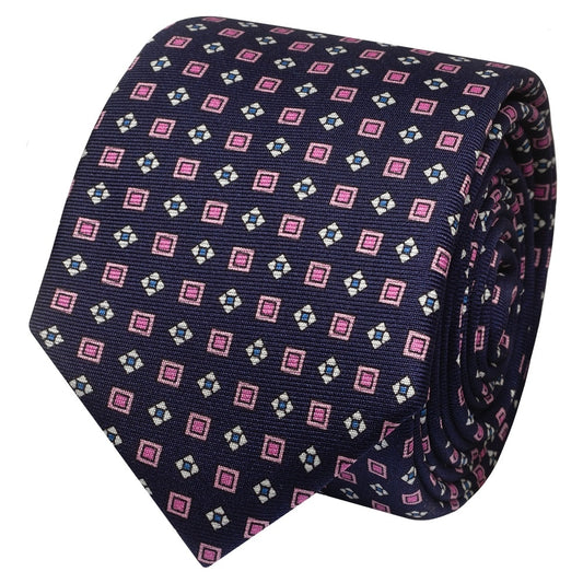 Navy with Pink Geo Silk Skinny Mens Tie