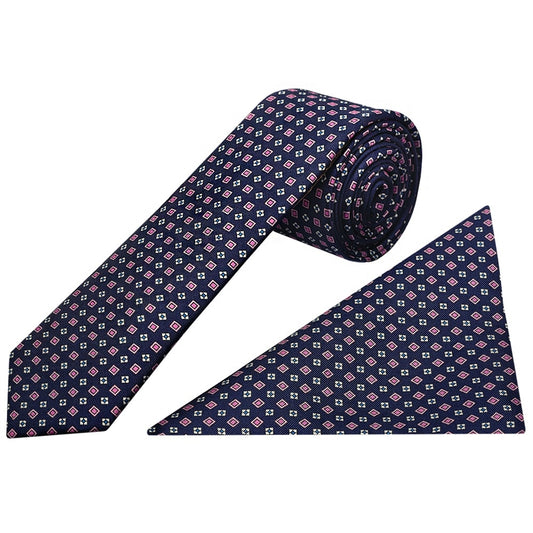 Barkley London Navy With Pink Geo Silk Skinny Mens Tie And Pocket Square Set 1