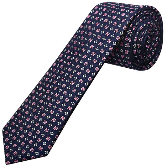 Barkley London Navy With Pink Geo Silk Skinny Mens Tie And Pocket Square Set 2
