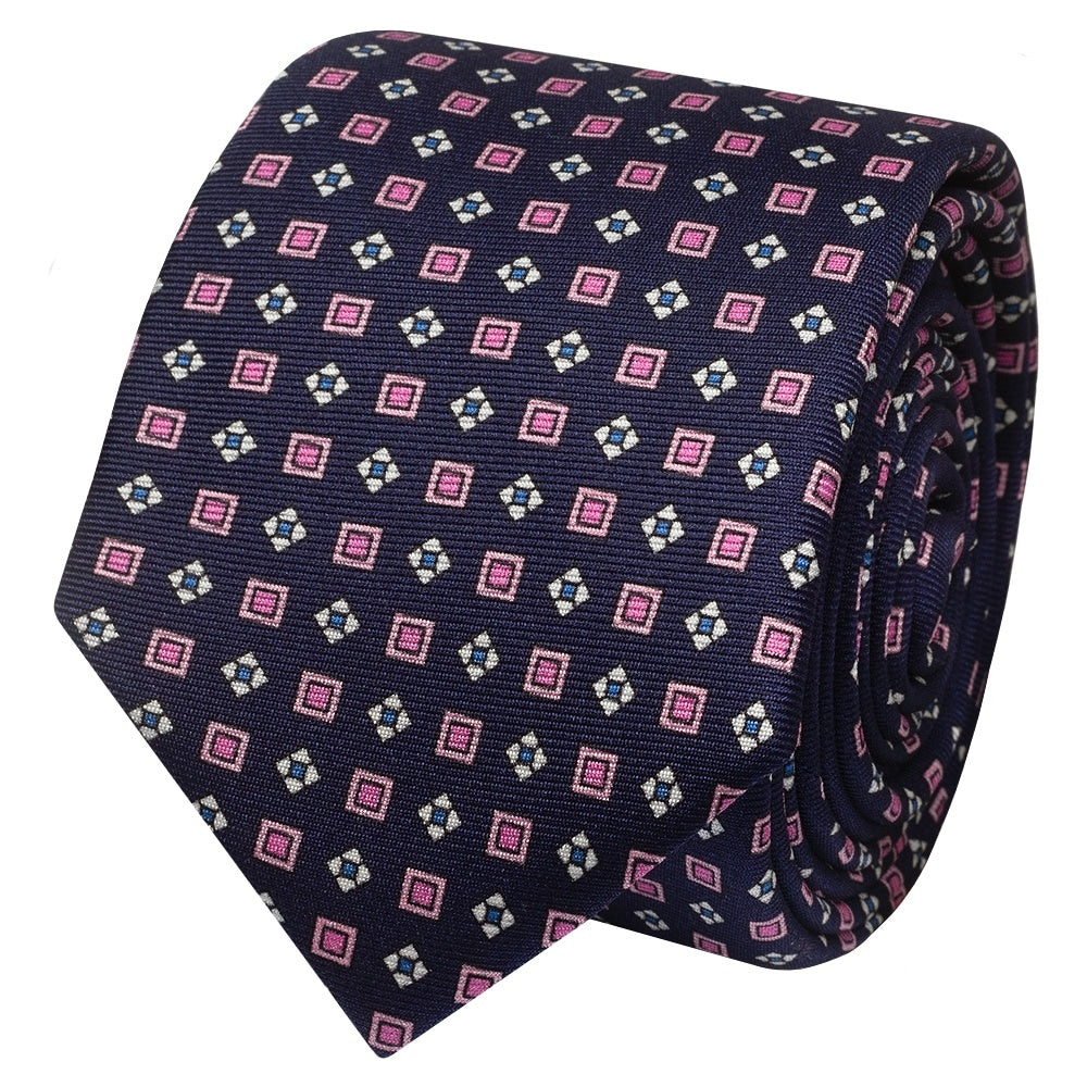 Navy with Pink Geo Silk Skinny Mens Tie and Pocket Square Set