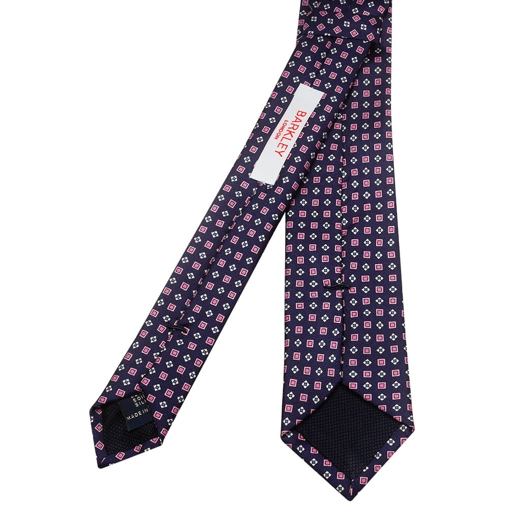 Navy with Pink Geo Silk Skinny Mens Tie and Pocket Square Set