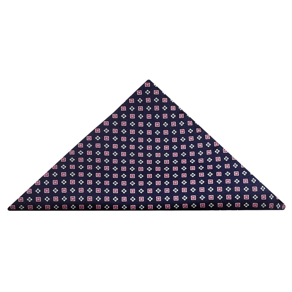 Navy with Pink Geo Silk Skinny Mens Tie and Pocket Square Set