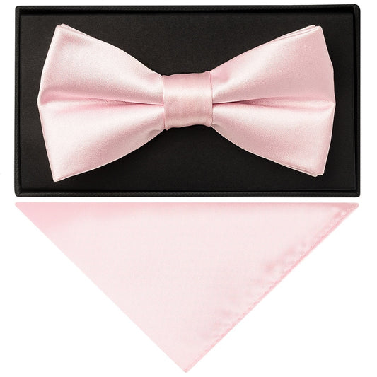 Plain Baby Pink Satin Mens Bow Tie And Pocket Square Set 1