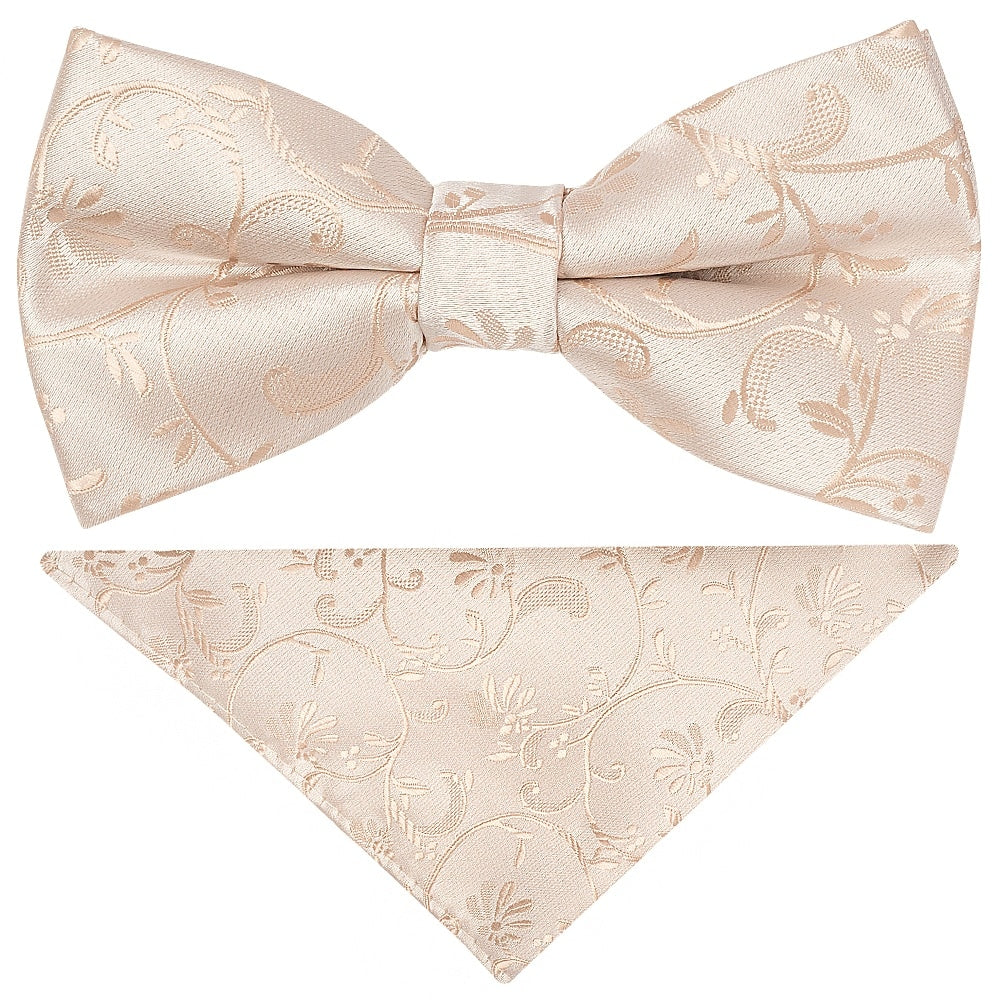 Pre Tied Nude Floral Boys Bow Tie And Pocket Square 1