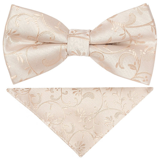 Pre Tied Nude Floral Boys Bow Tie And Pocket Square 1