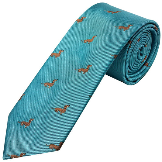 Slim Turquoise Dachshund Mens Tie 1