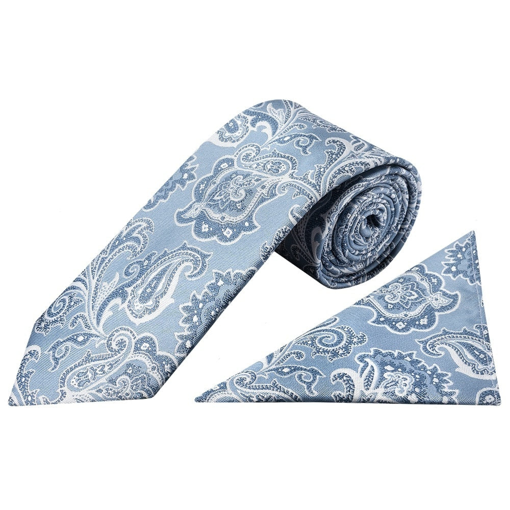 Blue And Silver Paisley Classic Mens Tie And Pocket Square Set 1