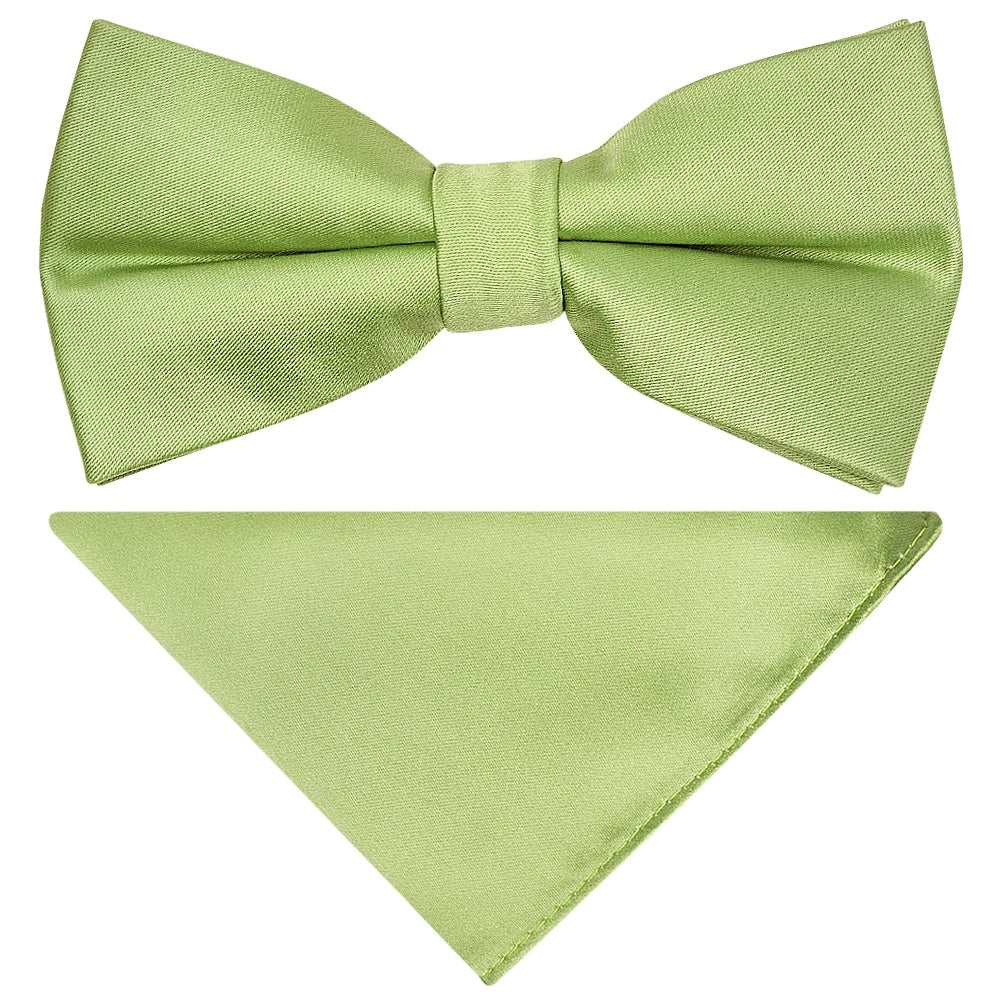 Pre Tied Plain Light Sage Satin Boys Bow Tie And Pocket Square Set Age 8 11 1