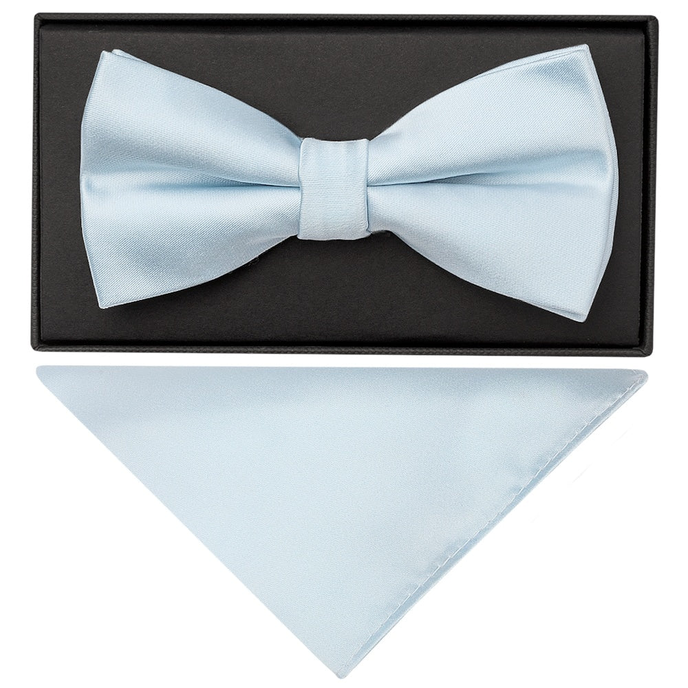 Plain Misty Blue Handmade Mens Bow Tie And Pocket Square Set 1