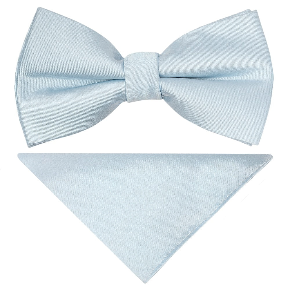 Pre Tied Plain Misty Blue Satin Boys Bow Tie And Pocket Square Set Age 1