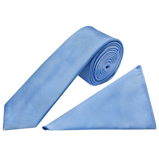 Plain Steel Blue Satin Skinny Mens Tie and Pocket Square Set