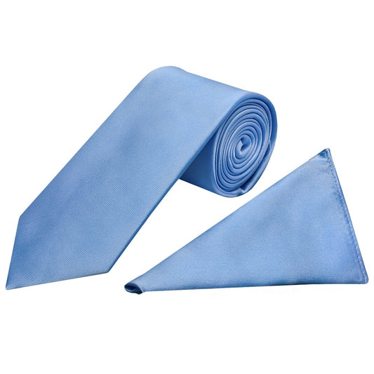 Plain Steel Blue Satin Classic Mens Tie and Pocket Square Set