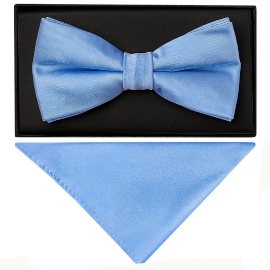 Plain Steel Blue Satin Handmade Mens Bow Tie and Pocket Square Set