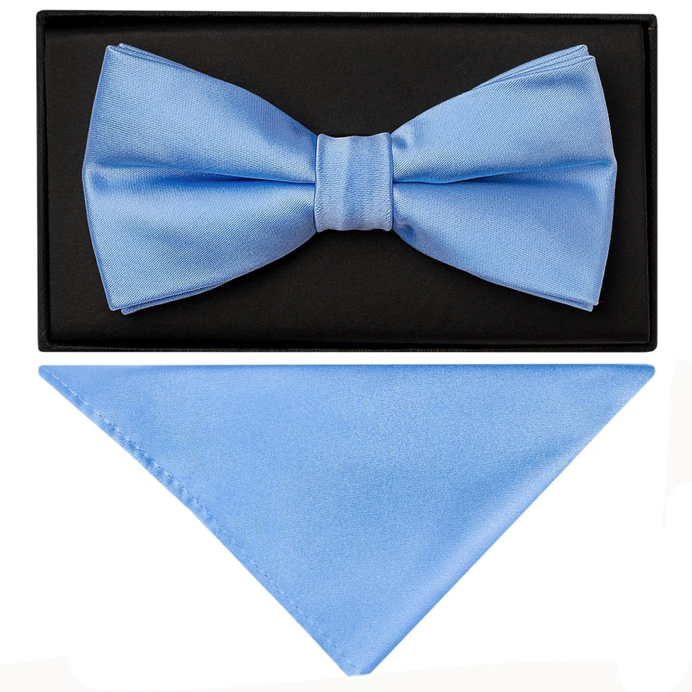 Plain Steel Blue Satin Handmade Mens Bow Tie And Pocket Square Set 1