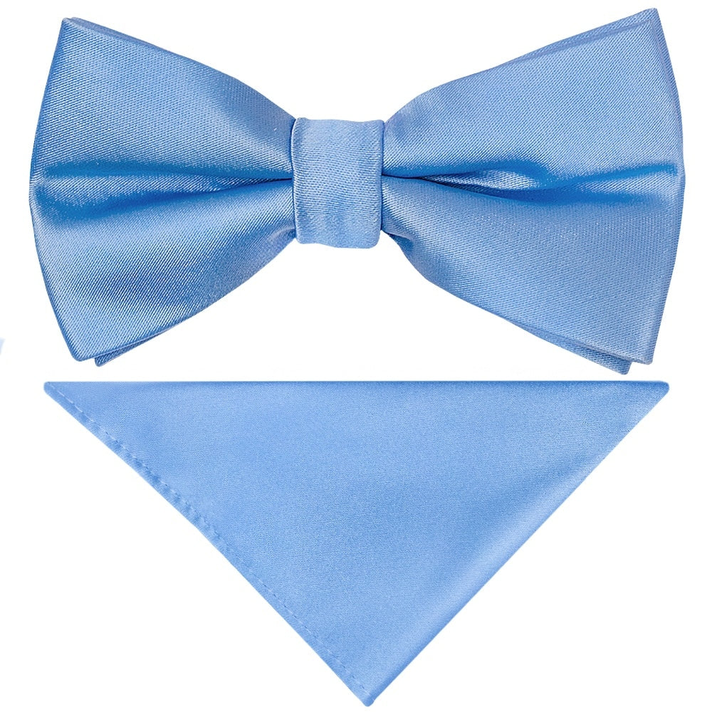 Pre Tied Plain Steel Blue Satin Boys Bow Tie And Pocket Square Set Age 8 11 1