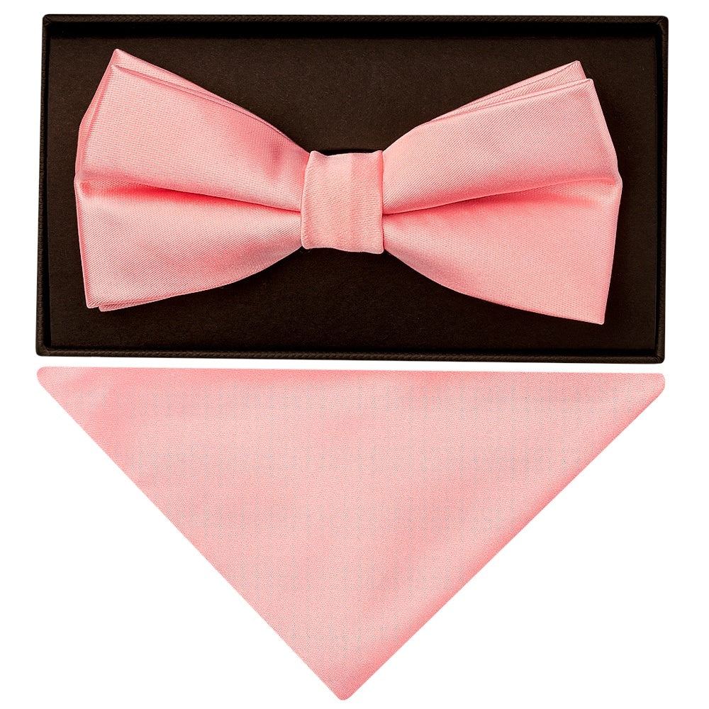 Plain Blush Rose Satin Handmade Mens Bow Tie And Pocket Square Set 1
