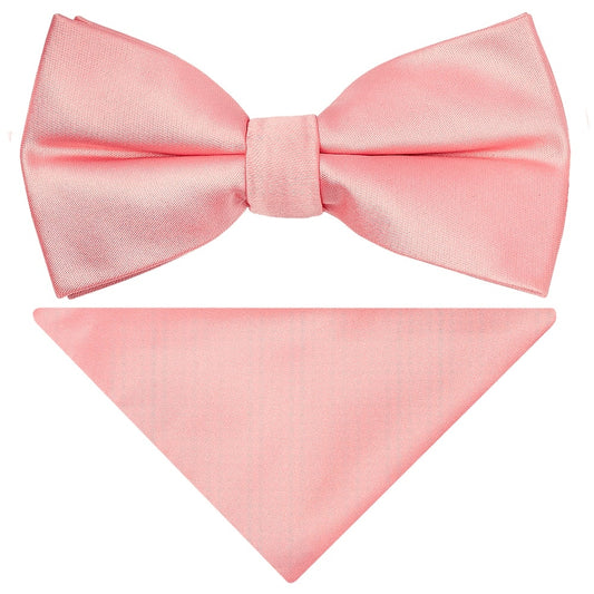 Pre Tied Plain Blush Rose Satin Boys Bow Tie And Pocket Square Set Age 8 11 1