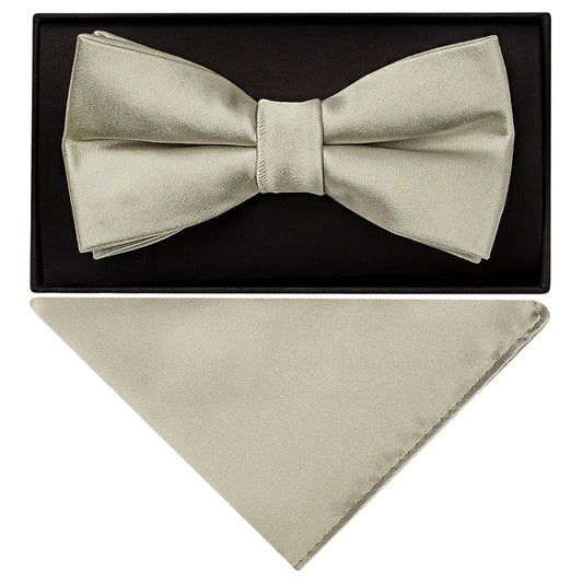 Plain Dusty Sage Satin Handmade Mens Bow Tie And Pocket Square Set 1