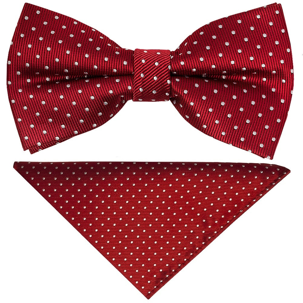 Pre Tied Red And White Polka Dot Boys Bow Tie And Pocket Square Set 1