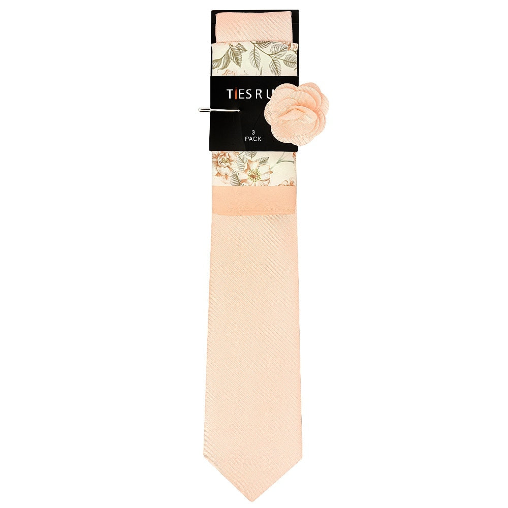 Classic Peach Mens Tie With Pocket Square And Lapel Pin Set 3