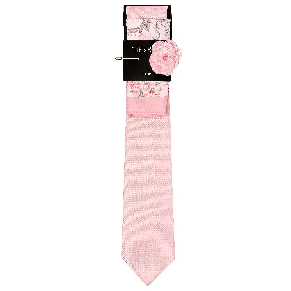 Classic Pink Mens Tie With Pocket Square And Lapel Pin Set 3