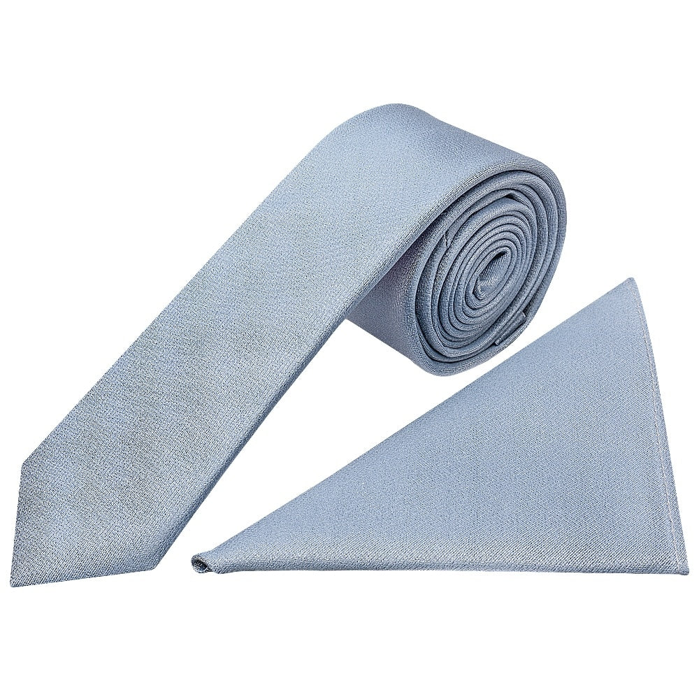 Plain Dusty Blue Silk Skinny Mens Tie and Pocket Square Set